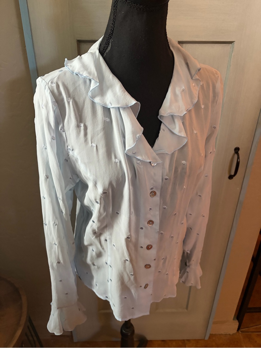 Worthington Light Blue Ruffle-Trim Button Blouse